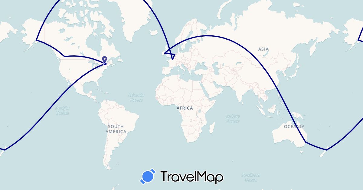 TravelMap itinerary: driving in Australia, Canada, France, Ireland, Netherlands, New Zealand, United States (Europe, North America, Oceania)
